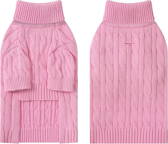 Small Dog Thermal Pullover Sweater, Classic Turtleneck Cable Knitwear Dog Clothes for Cold Weather Warm Pet Clothes for Chihuahua, Bulldog, Dachshund, Pug Pink XX-Large