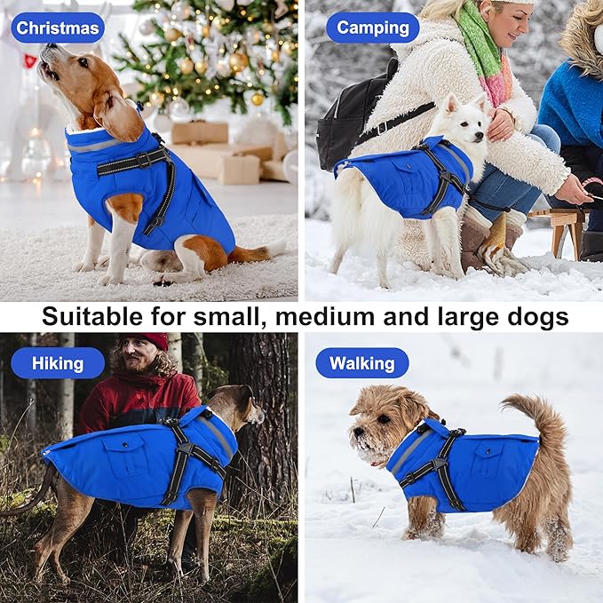 Dogcheer Dog Coat with Harness, Waterproof Warm Dog Winter Jacket with Pockets, Reflective Pet Fleece Jacket Turtleneck Snowsuit for Small Medium Large Dogs - Blue, S