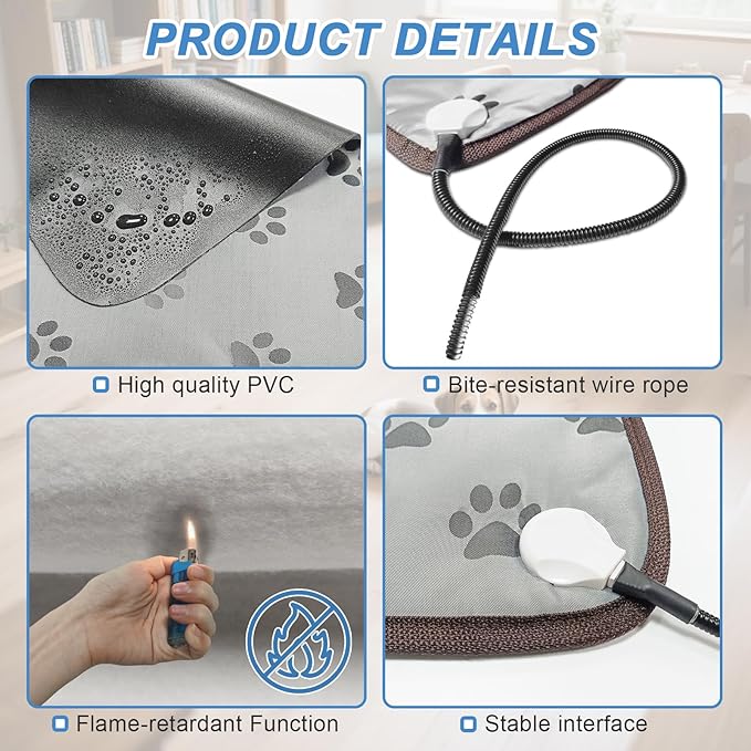Bestio Cat Heating Pad，16 in Heated Cat Bed for Newborn Kittens and Puppies, with Smart Thermostat Switch (1-24 Hours) + Electric Steel Wire Protection Tube -Blue