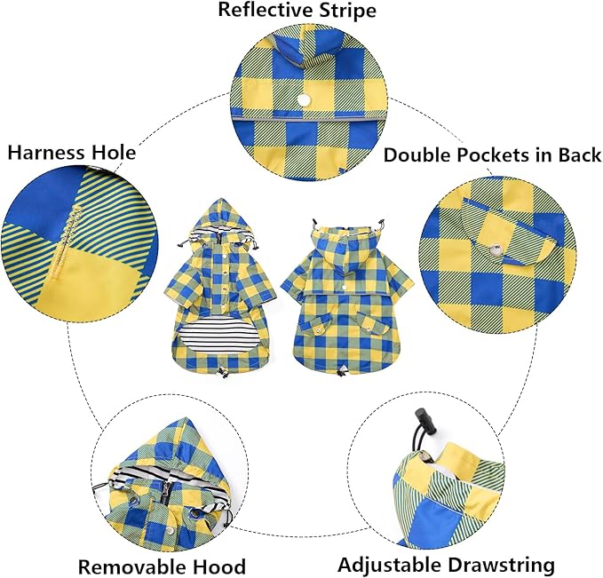 Dog rain Coat Waterproof Raincoat Puppy Jacket with Legs Buttons Zipper Hood Drawstring Fit for Yorkie Terrier Schnauzer Poodle Border Collie Labrador Golden Retriever 8lbs to 80lbs Yellow XXL