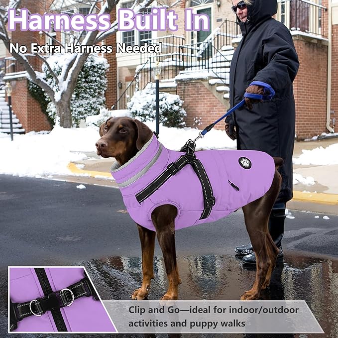 Dogcheer Dog Coat with Harness, Waterproof Dog Jacket, Reflective Puppy Winter Jacket with Pocket, Doggy Turtleneck Fleece Vest for Small Medium Large Dogs - Taro Purple, S