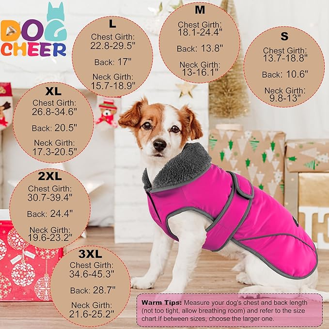 Dogcheer Dog Coat, Waterproof Dog Jacket Reflective Pet Winter Coat with Adjustable Hook & Loop, Christmas Puppy Fleece Jacket Warm Turtleneck Snowsuit for Small Medium Large Dogs - Pink, XL