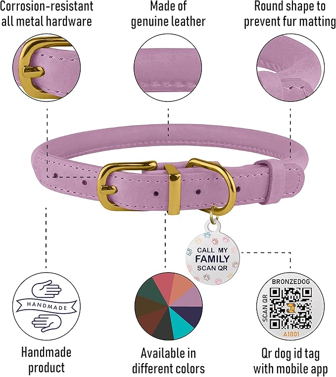 BronzeDog Rolled Leather Dog Collar with QR ID Tag, Adjustable Soft Round Collars for Small Medium Large Dogs Puppy (14" - 16" Neck Size, Lavender)