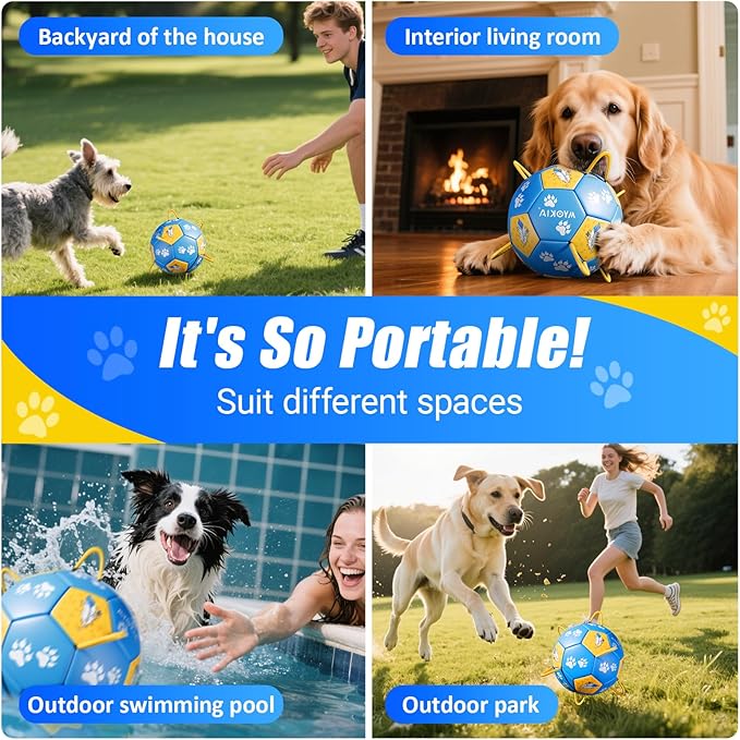 Size 3 Dog Soccer Ball with Straps Durable Training Ball for Pets Interactive Outdoor Dog Toy, Blue & Yellow, Paw Prints and Feather Design, for Medium & Large Puppies