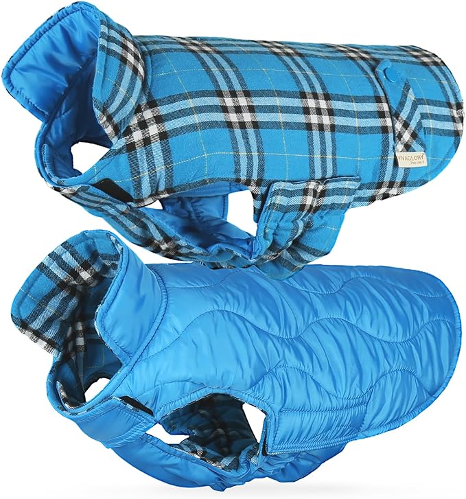 VIVAGLORY Softjoy Dog Coat, Dog Jacket for Winter & Christmas, Coat with Harness Hole & Velcro Closure, Reversible Plaid Checkered Warm Fluffy Heavy Duty for Puppy, S, Blue