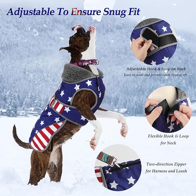 Dogcheer Dog Coat, American Flag Dog Jacket Waterproof Puppy Winter Coat for Cold Weather, Reflective Adjustable Pet Snow Jacket Fleece Sweater for Small Medium Large Dogs - USA Flag, M