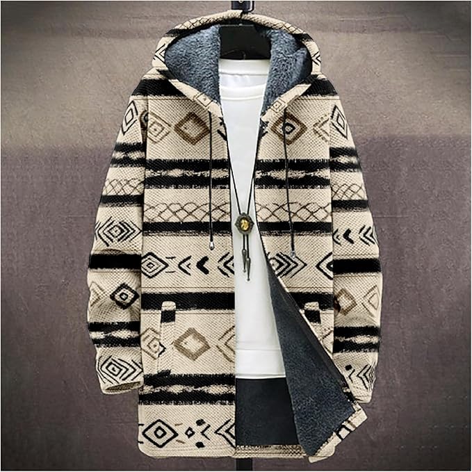 Mens Aztec Print Hoodie Heavyweight Cotton Fleece Jacket Zip Up Warm Long Sleeve Hooded Winter Midi Coat