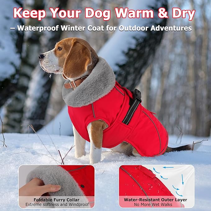 Dogcheer Dog Coat with Pocket, Waterproof Dog Jacket with Adjustable Buckle, Reflective Puppy Winter Coat Warm Turtleneck Fleece SnowJacket for Small Medium Large Dogs - Red 2XL