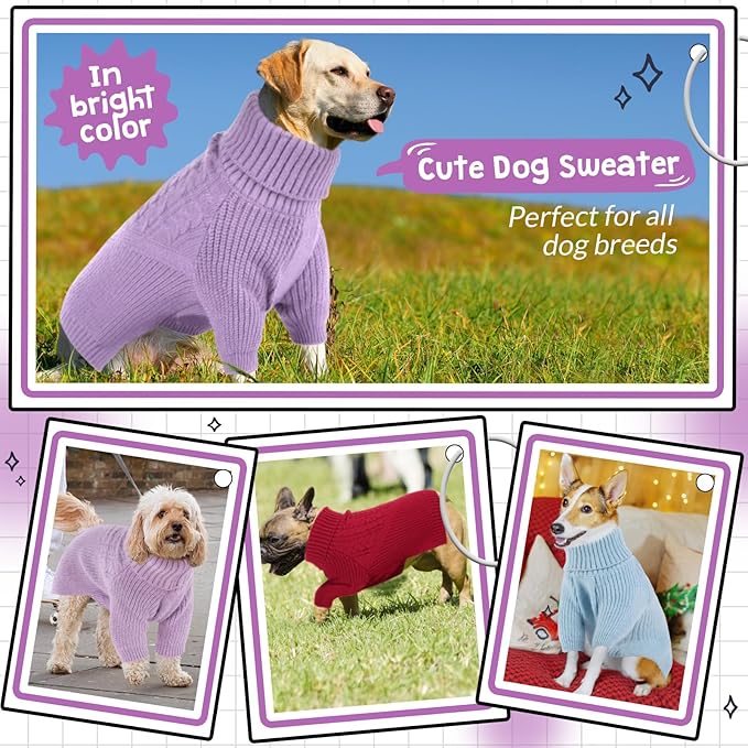 Queenmore XXL Dog Sweater, Dog Sweaters for Large Dogs Girl or Boy, Dog Christmas Sweaters XXL, Winter Big Dog Sweatshirt Knitwear, Pet Chunky Warm Coat for Small Medium Size Dogs, Lilac XXL