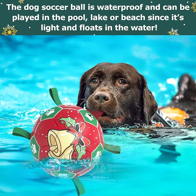 QDAN Christmas Dog Soccer Balls with Straps, Interactive Toys for Tug of War, Puppy Birthday Gifts, Durable Balls for Medium Large Dogs (8 Inch)