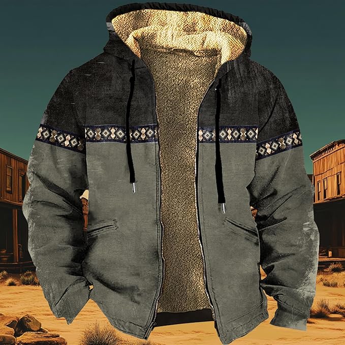 Men's Western Aztec Jackets Hooded Cowboy Hoodie Warm Full Zip Ethnic Vintage Long Sleeve Coat Fall Winter Tops