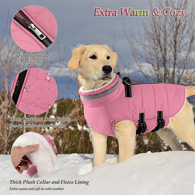 Dogcheer Dog Coat with Harness, Waterproof Dog Jacket Adjustable Winter Coat with Zipper, Christmas Puppy Snow Jacket Fleece Sweater for Small Medium Large Dogs - Light Pink L