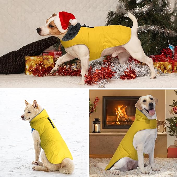 Dog Winter Coat, Waterproof Dog Jacket with Leash Hole, Reflective Adjustable Pet Snow Vest, Warm Fleece Sweater for Small Medium Large Dogs - Yellow, XS