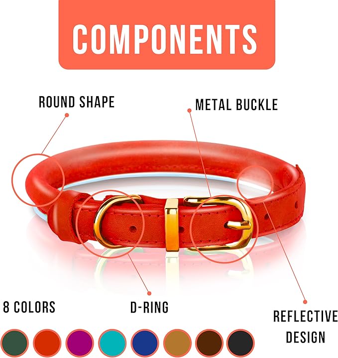 OOPSDOGGY Reflective Rolled Leather Dog Collar Adjustable Soft Padded Pet Collar for Small Medium Large Breed Dogs (Red, M, 12"-15")