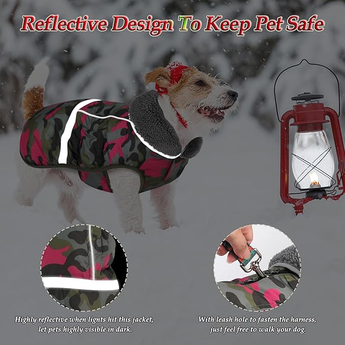 Dogcheer Warm Dog Coat, Waterproof Dog Jacket Reflective Adjustable Puppy Winter Coat with Buckle, Christmas Pet Snow Jacket Turtleneck Fleece Sweater for Small Medium Large Dogs - Camo Pink, S