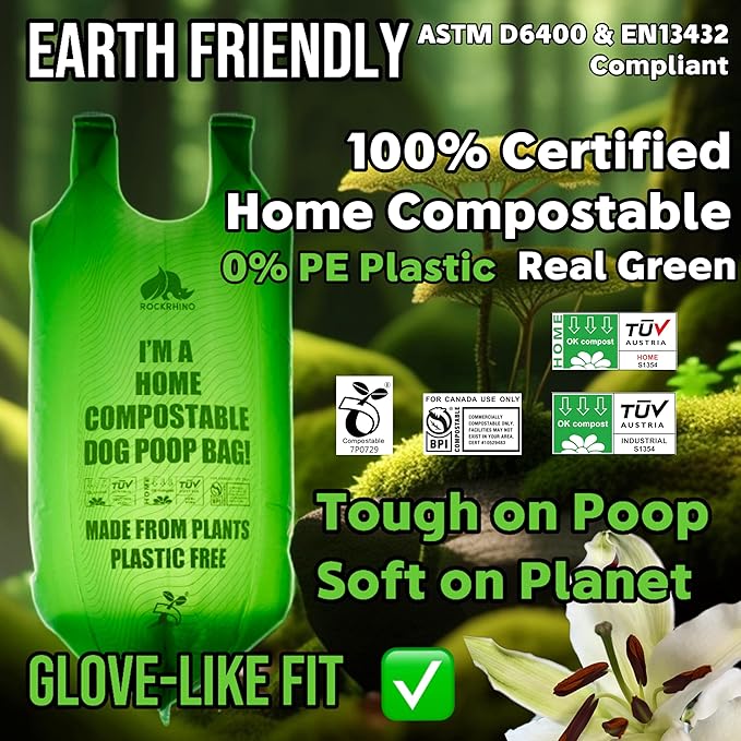Ultra Thick & Deep RockRhino Dog Poop Bags for Large & XL Breeds | 4-Layer Interlocked Bottom | 100% Home Compostable, 0% Plastic | Vanilla-Scented | 150 Bags, Easy Open Tie Handles, Not for Scooper