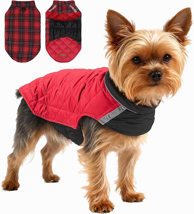 Quilted Dog Winter Coat, Plaid Lined Reversible Vest, Reflective Safety Strip, Cold Weather Pet Apparel Red S
