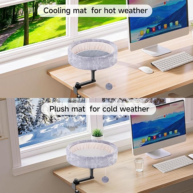 Cat Desk Bed with Heating Pad - 360° Rotating & Adjustable, Supports 44 lbs, Soft Faux Fur with Dual-sided Reversible Mat, Indoor Cat Nest Furniture for Office Desks and Game Tables, Island Table