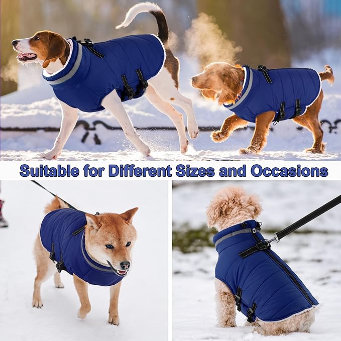 Dogcheer Dog Coat, Waterproof Dog Jacket with Harness, Reflective Adjustable Puppy Winter Coat with Zipper, Christmas Snow Jacket Clothes for Small Medium Large Dogs - Blue 2XL