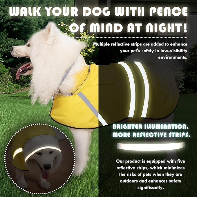 Dog Raincoat, Adjustable Rain Jacket with Hooded Double Layer for Large Medium Small Dogs Puppies, Lightweight Waterproof Rain Coat Poncho with Reflective Stripe Yellow,XXL