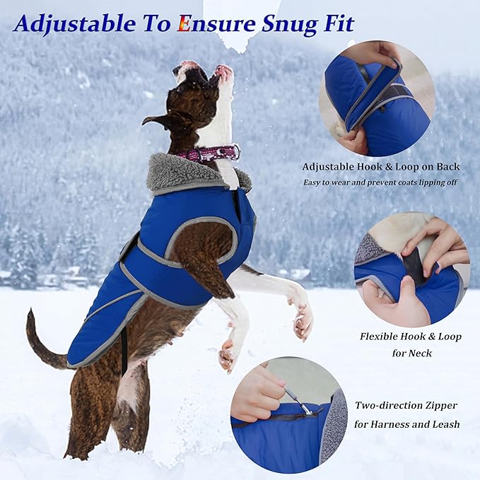 Dogcheer Dog Coat, Waterproof Dog Jacket Reflective Pet Winter Coat with Adjustable Hook & Loop, Christmas Puppy Fleece Jacket Warm Turtleneck Snowsuit for Small Medium Large Dogs - Blue, S
