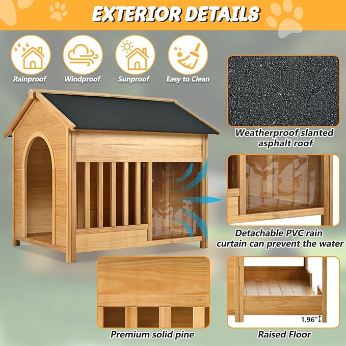 Merax 60.2" Wooden Dog House Outdoor with Insulated Liner for Winter, Extra Large Breed Outside Kennel with Weatherproof, Asphalt Roof, Elevated Floor, Fencing and Porch, for Medium & Large Dogs