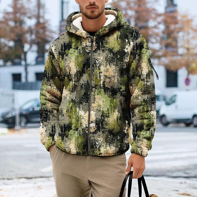 Men's Camouflage Hunting Fleece Lined Hoodie Camo Jackets Zip Up Long Sleeve Casual Winter Coats Hood Outerwear