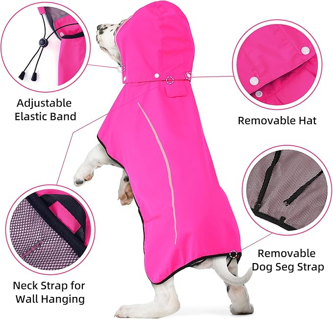 Mile High Life Dog Raincoat, Adjustable Waterproof Pet Rain Jacket, Reflective Hooded Poncho for Small Medium Large Dogs, Lightweight Breathable Pet Rain Coat (Hot Pink,XS Chest 15"-18")