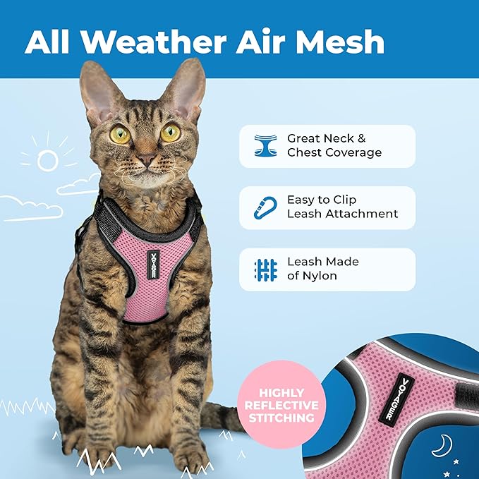 Voyager Escape Proof Cat Harness and Leash Set with Reflective Stitching, Neoprene Handle 5ft - Supports Small, Medium and Large Cats, Kittens for Walking by Best Pet Supplies - Black Trim-Pink, XXXS