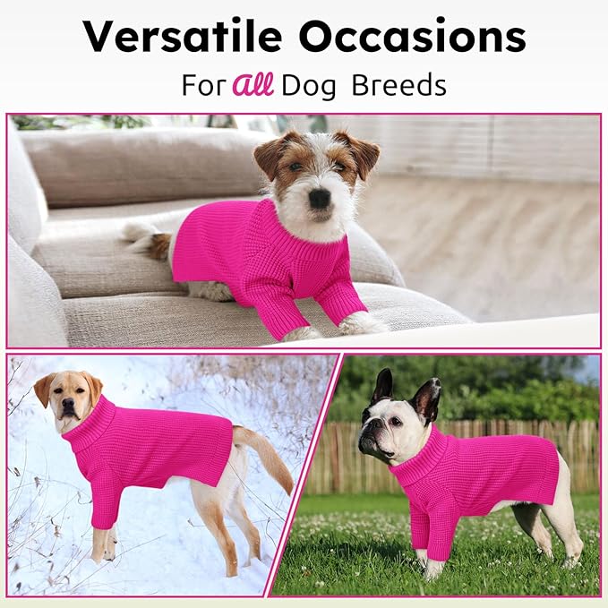 Queenmore Large Dog Sweater, Plaid Dog Sweaters for Large Dogs, Turtleneck Pet KintSweater with Check Pattern, Long Sleeve Holiday Pet Knitwear, Solid, Fuchsia L