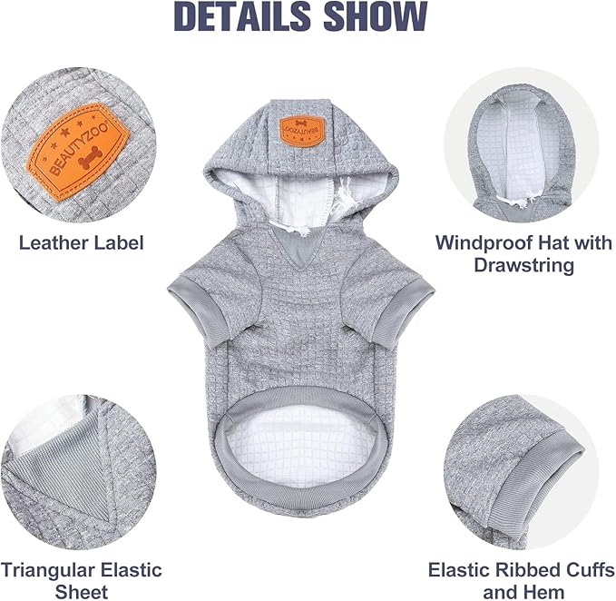 BEAUTYZOO Small Dog Hoodie Sweater with Pockets, Dog Clothes for Small Medium Dogs Boy Girl, Waffle-like Laminated Cotton Pet Coats with Hat and Leash Hole, All Weather Coat for Puppy Doggie Chihuahua