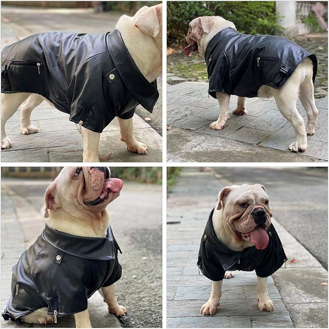 Lovelonglong Cool Dog Leather Jacket, Warm Coats Dogs Windproof Cold Weather Coats for Pugs Bulldog Pitbull Black B-M