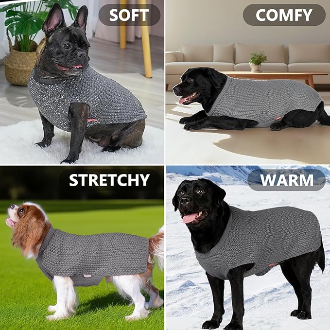 KYEESE Dog Sweater with Leash Hole Warm Pullover with Reflective Yarn for Small and Medium Dogs Male Soft Knit Pullover Boy Dog Coats Cozy Lightweight Thick Sweater,Grey,Medium