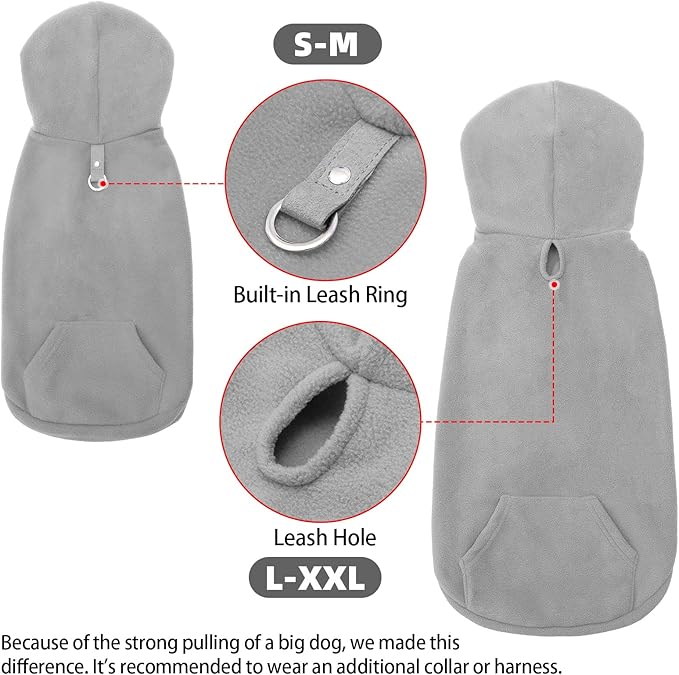 EXPAWLORER Dog Hoodie Fleece Sweater Vest, Hooded Dog Sweatshirt Fall Winter Pet Clothes with Leash Ring, Sleeveless Warm Cozy Puppy Clothing for Cat Small Medium Large Dogs Girl Boy, Grey S
