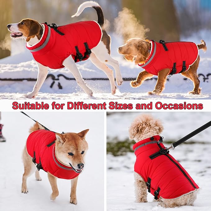 Dogcheer Dog Coat with Harness, Waterproof Dog Jacket Adjustable Pet Winter Coat with Zipper, Christmas Puppy Snow Jacket Fleece Sweater for Small Medium Large Dogs - Red 3XL