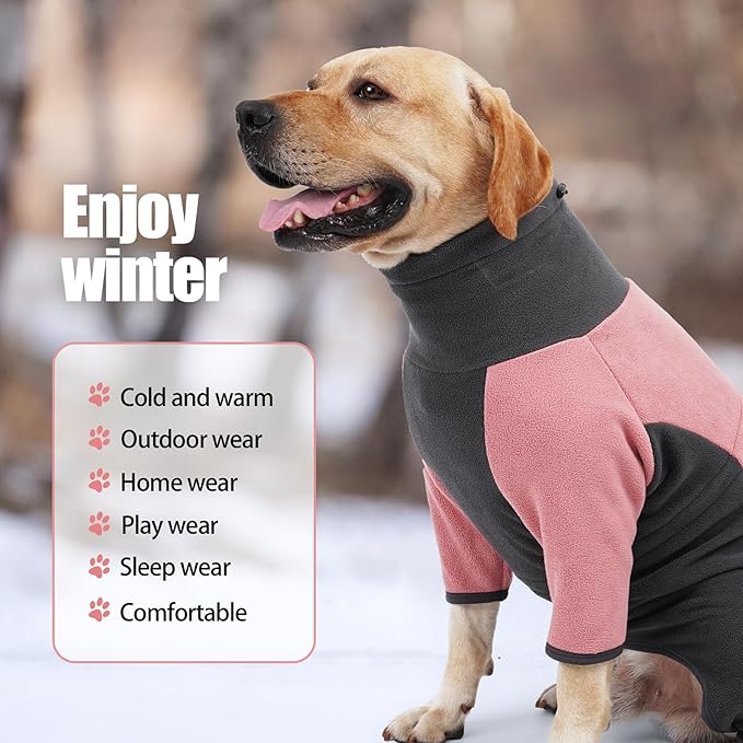 Dog Winter Coat - Warm Fleece Jacket, Windproof Pullover Bodysuit, Fullbody Pajamas Onesie for Medium Large Dogs (XSmall, Pink)