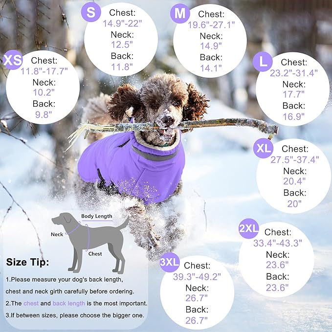 Dogcheer Dog Coat with Harness, Waterproof Dog Jacket Adjustable Winter Coat with Zipper, Christmas Puppy Snow Jacket Fleece Sweater for Small Medium Large Dogs - Taro Purple S
