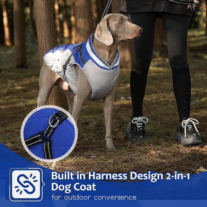 Dog Winter Coat with Harness, Dog Jacket, Pet Clothes with Zipper on Back, Waterproof Windproof Warm Vest, Reflective Cold Weather Coats, for Small Medium Large Dogs, Thick, Blue, 3XL