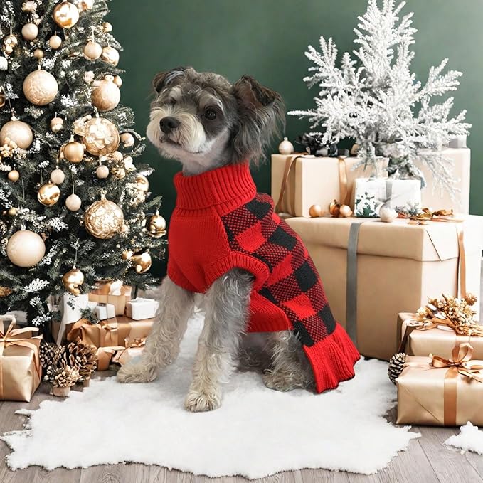 Dog Sweater Dress Plaid Knitwear for Small Medium Dogs Warm Puppy Pet Turtleneck Stretch Pullover Cute Fall Winter Vest Clothes with Leash Hole for Christmas (Red, XS)