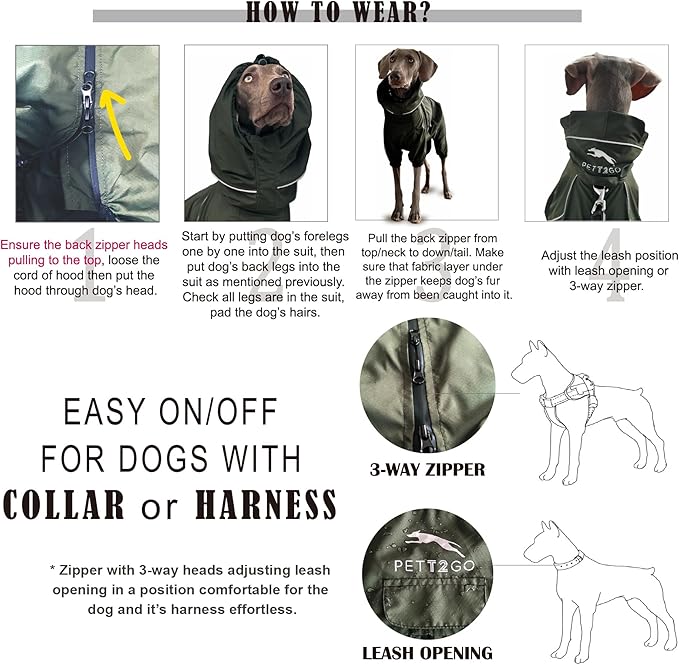 Dog Lightweight Windbreaker, Dog Outdoor 4-Legs Jacket, 0.5 lbs,Durable Water Repellent, Hooded, Easy on/Off with Collar and Harness, Reflective, Packable,Dark Olive (XX-Large)