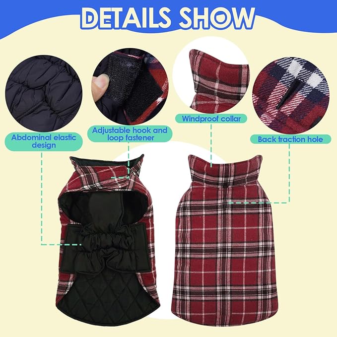 MIGOHI Dog Jackets for Winter, Windproof Waterproof Reversible Dog Coat for Cold Weather, British Style Plaid Warm Dogs Vest for Small Dogs, Red M
