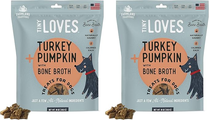 Farmland Traditions Tiny Loves Jerky Trainer Treats for Dogs w/Bone Broth (Turkey & Pumpkin, 16 oz.) (Pack of 2)