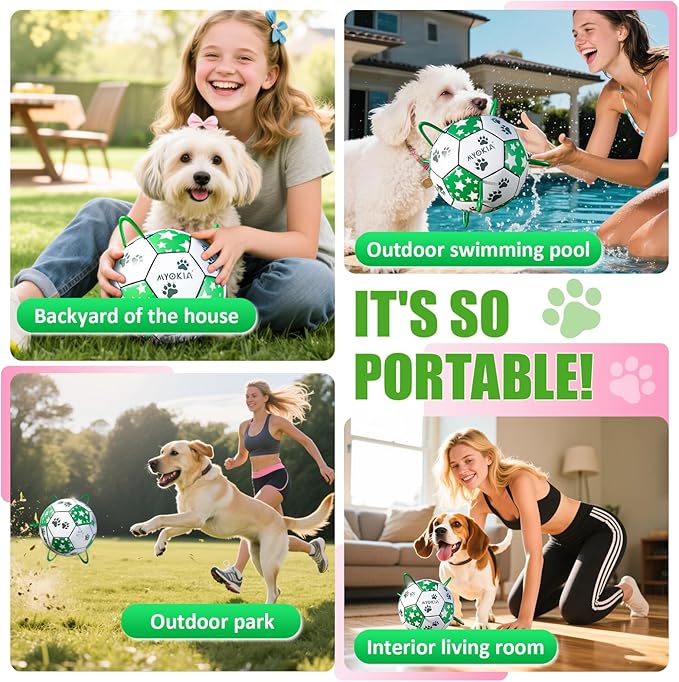 Size 2 Dog Soccer Ball with Straps White & Green Durable Training Ball for Pets Interactive Outdoor Dog Toy, for Small & Medium Puppies, Pet Supplies