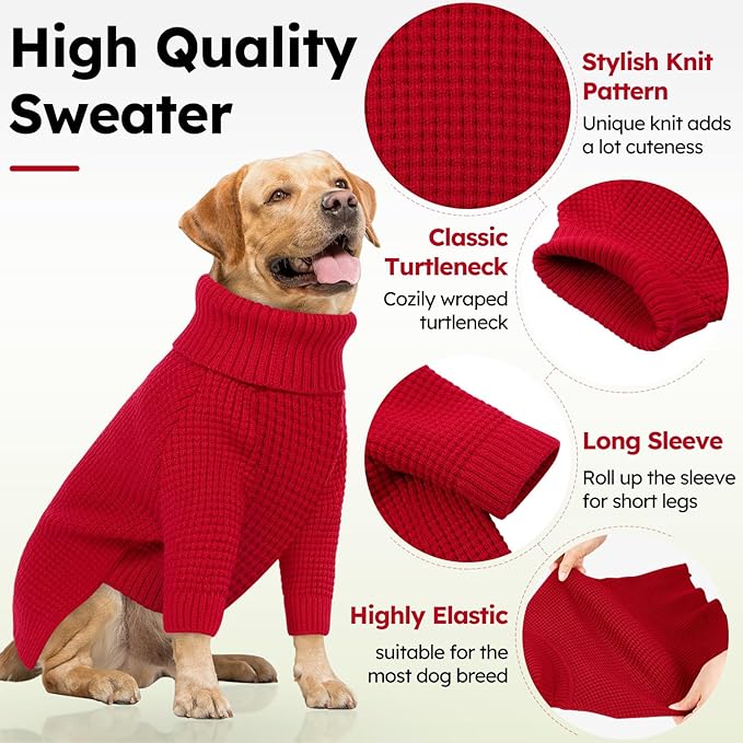 Queenmore Soft Warm Large Dog Sweater, Dog Sweaters for Large Breeds, Pet Christmas Sweaters, Waffle Knit Pet Sweater, Cold Weather Doggie Sweatshirt, Red 3XL