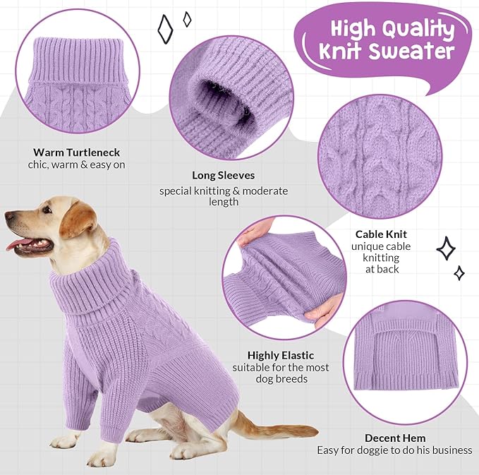 Queenmore Dog Sweater, Puppy Sweater for Small Dogs,Warm Winter Fall Dog Sweaters for Dog Girls Boys, Solid Turtleneck Knit Sweater for Large Medium Dogs,Long Sleeves Christmas Dog Sweater Lilac,S