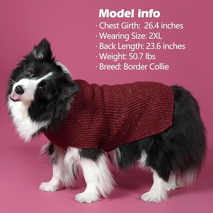 KYEESE Dog Sweater with Leash Hole Warm Pullover with Reflective Yarn for Small and Medium Dogs Male Soft Knit Pullover Boy Dog Coats Cozy Lightweight Thick Sweater,Dark Red,Large