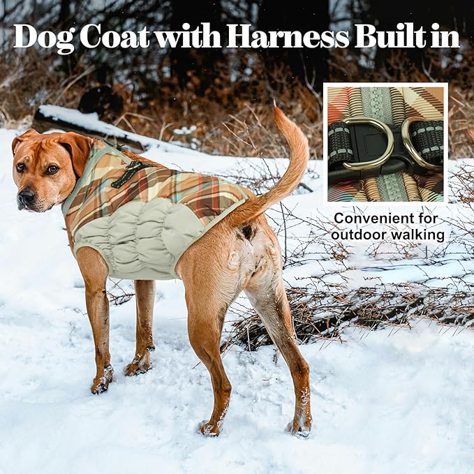 Lelepet Warm Dog Winter Coat Dog Coats for Small Dogs Waterproof Dogs Jacket with Harness Built in Reflective Cold Weather Coats Windproof Zip-Up Winter Fleece Vest Snowsuit Chihuahua Brown Plaid