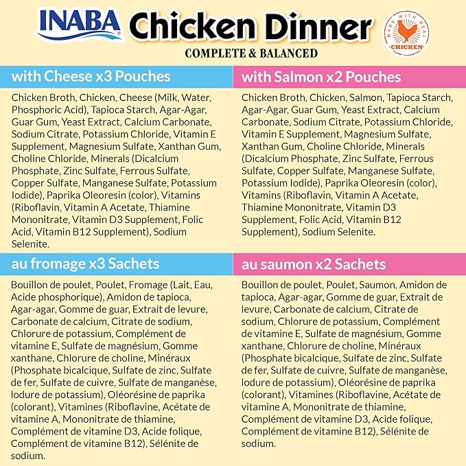 INABA Chicken Dinner for Dogs, Soft Pate Wet Dog Food, Complete & Balanced, 2.4 oz. Pouch, 15 Pouches, Cheese & Salmon Variety