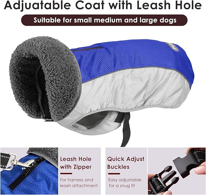 Dog Coat, Waterproof Ripstop Dog Winter Jacket with Leash Hole, Reflective Adjustable Warm Pet Fleece Snow Sweater for Small Medium Large Dogs - Blue, 3XL