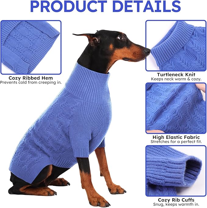 ASENKU XL Dog Sweater, Dogs Sweaters for Extra Large Dogs Girls Boys, Fall Winter Turtleneck Pullover Pet Christmas Sweatshirt, Blue XL